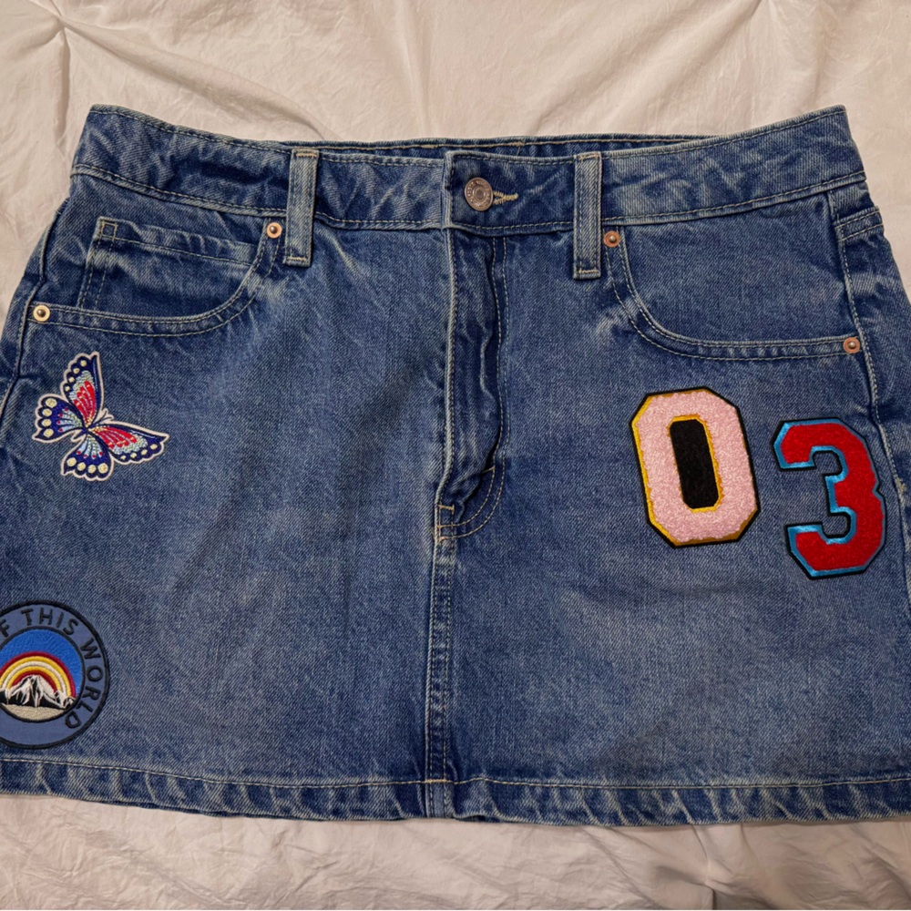 Wild Fable Blue Jeans Skirt with fun patches.